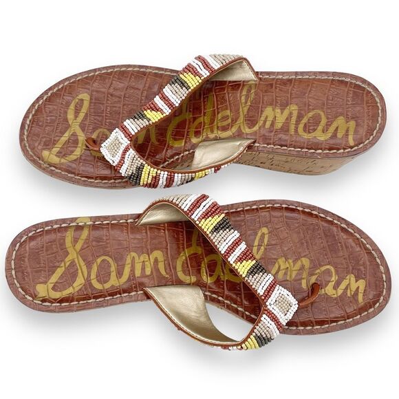 Sam Edelman Rosa Nude Ginger Beaded Thong Cork Wedge Sandal Flip Flop Size 8.5 - Picture 3 of 16